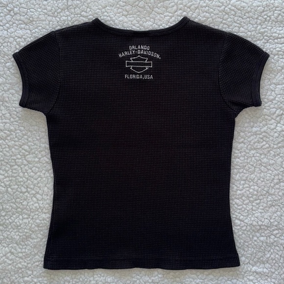 Harley Davidson black baby tee crop top waffle weave Orlando, FL biker chopper M - Picture 2 of 6